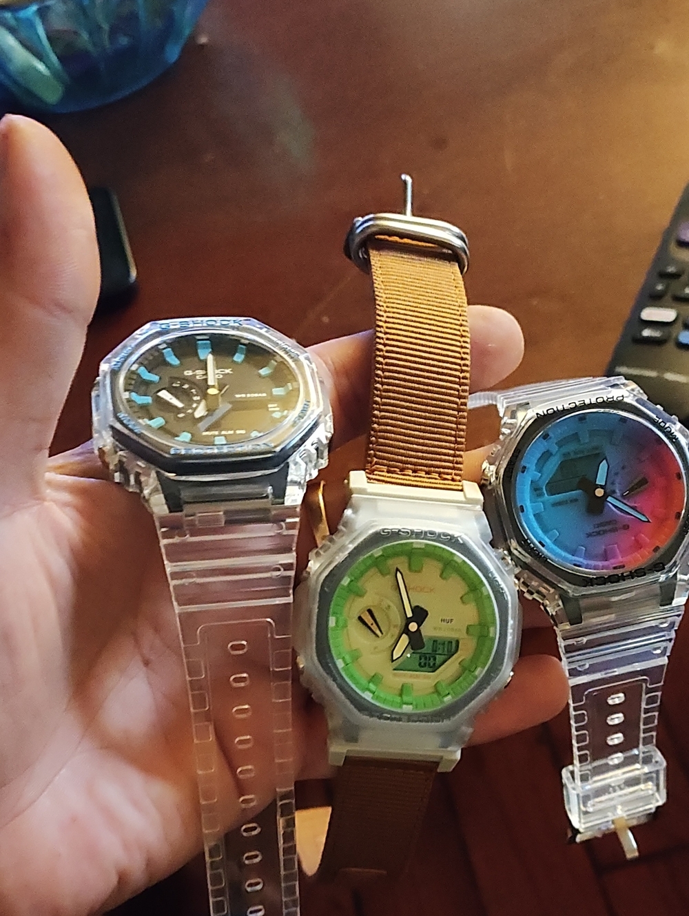 G-Shock Transparent Case Watches with Green, Blue and Teal Accents